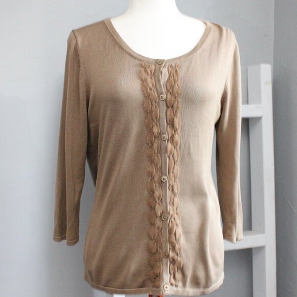 Coldwater Creek Y2K Tan Silk Cotton Knit Front Ruffle Button Cardigan sz Medium - Picture 1 of 5